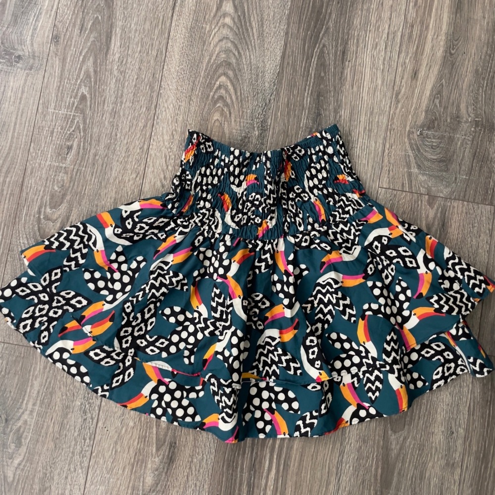 FARM Rio Toucan Polka Dot Smocked Tiered Mini Skirt Teal Multi 277470 B